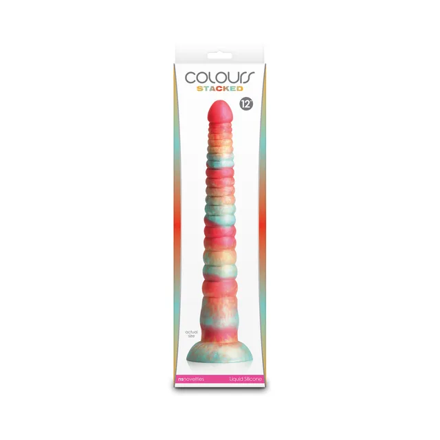 Colours Stacked 12-inch red gold and turquoise ringed dildo in long box