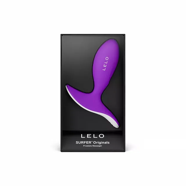 Purple-and-white LELO SURFER Originals massager in black retail box