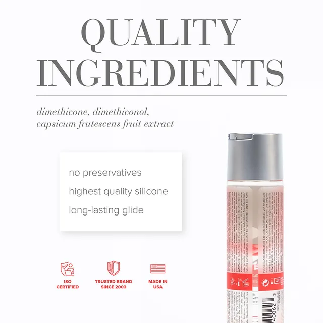 System JO Warm Embrace bottle beside silicone ingredient graphic