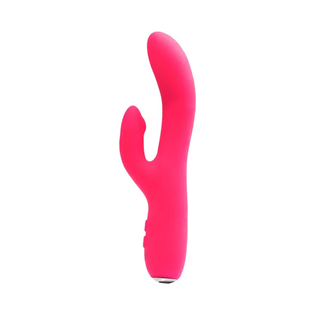 Foxy pink VeDO Rockie dual vibrator angled front view of shaft and smaller arm