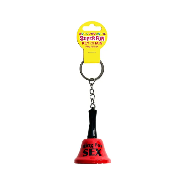 red Ring for Sex bell charm on silver keychain with yellow header tag