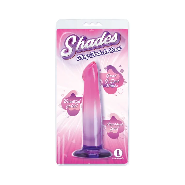 pink-to-purple Shades G-Spot dildo with angled tip and flared base in clear package