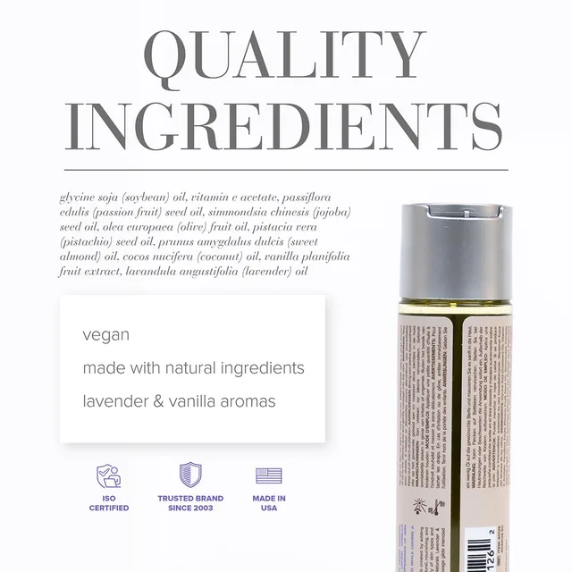 Lavender and Vanilla massage oil ingredient panel graphic