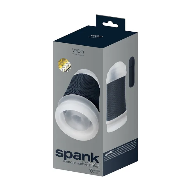 VeDO Spank clear-opening vibrating stroker on gray retail box