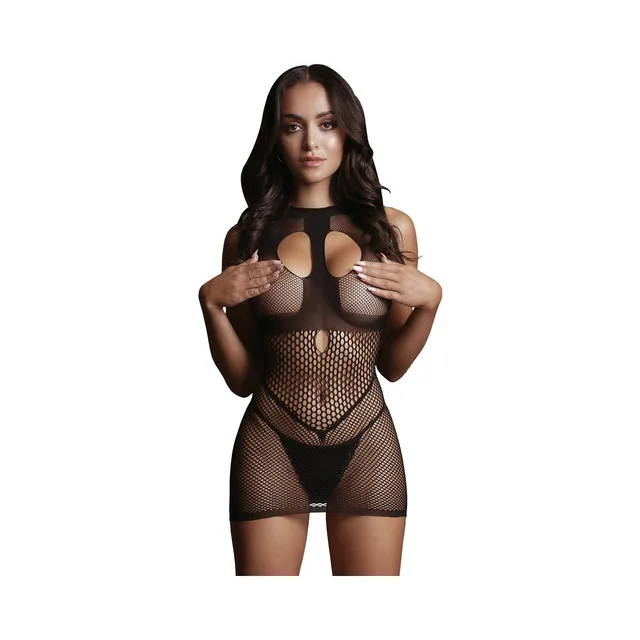 Front view of black Le Desir Duo open-cup fishnet mini dress
