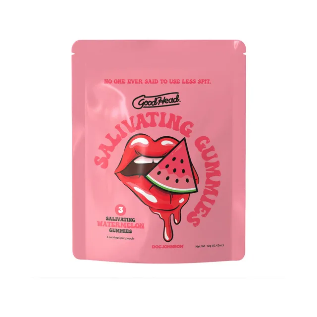 Front of pink GoodHead Watermelon three-piece gummy pouch