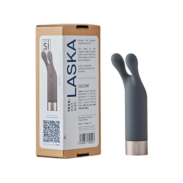 gray forked Love Not War Laska head beside its cardboard retail box