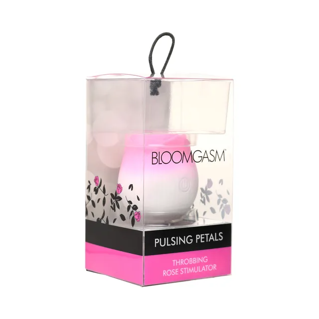 Bloomgasm Pulsing Petals pink rose stimulator inside clear cylindrical retail package