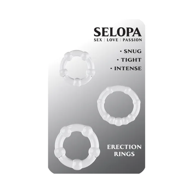 Selopa Erection Rings retail card with three clear textured rings
