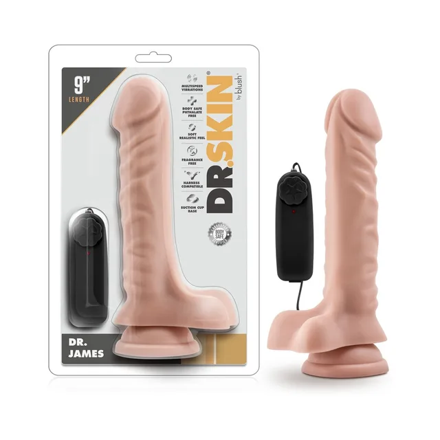 Blush Dr. Skin Dr. James beige vibrator in clear retail package beside black wired controller