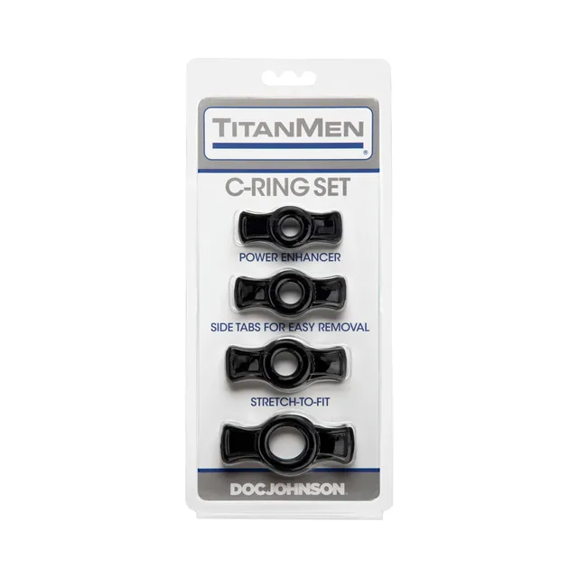 TitanMen Black Ring Set four rings mounted on gray blue retail card