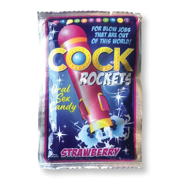 Little Genie Cock Rockets Strawberry oral candy black single packet with pink rocket graphic