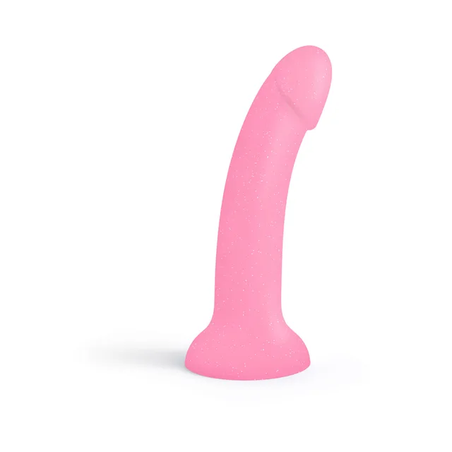 Dildolls Glitzy pink glitter curved dildo on white