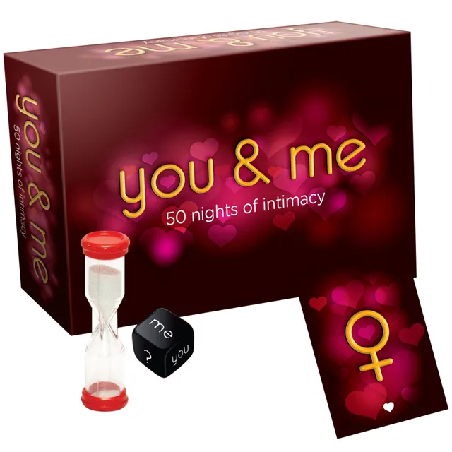 You & Me Couples Game red box cards white timer and black symbol die