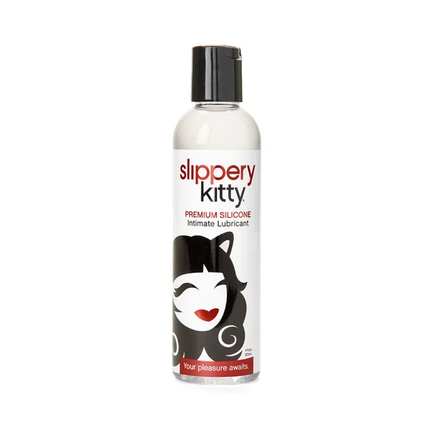 Slippery Kitty 4 oz silicone lubricant in white bottle with black cap