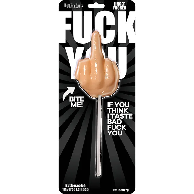 Fuck You Pops finger-shaped lollipop on black display card