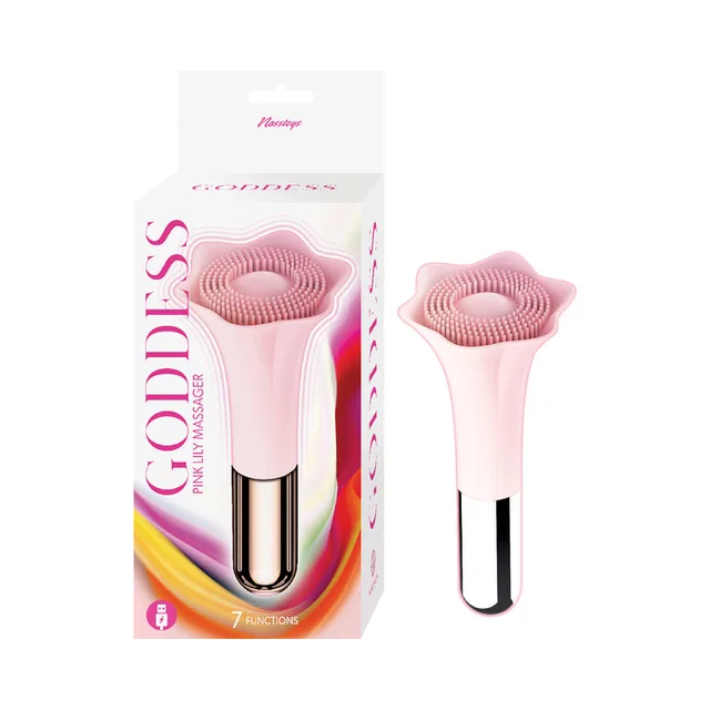 light pink Goddess Pink Lily massager with textured flower head beside retail box