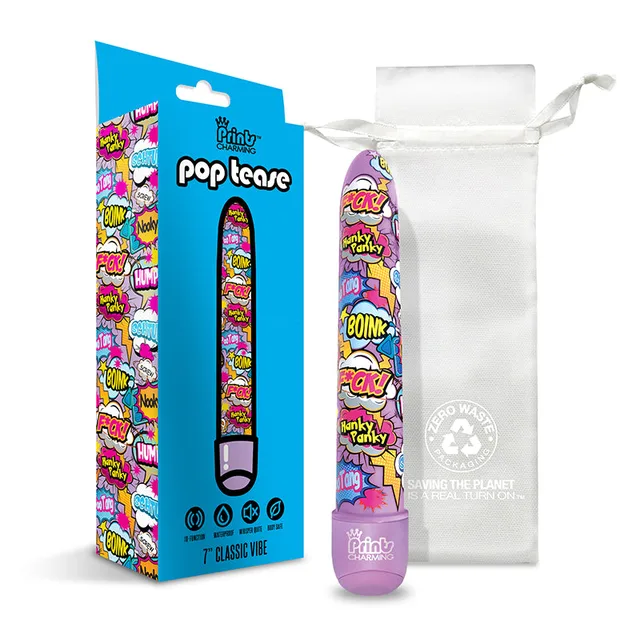 Pop Tease F*ck purple comic-print vibrator with box and white pouch