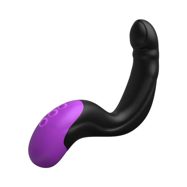 Side view of curved black massager with purple control base
