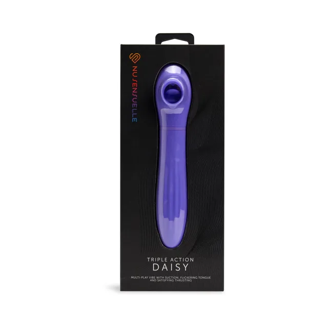 ultra-violet Nu Sensuelle Daisy triple-action vibrator displayed inside a black box