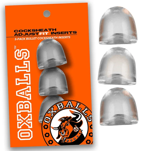 Three clear OxBalls ADJUSTFIT bullet-shaped inserts on orange card