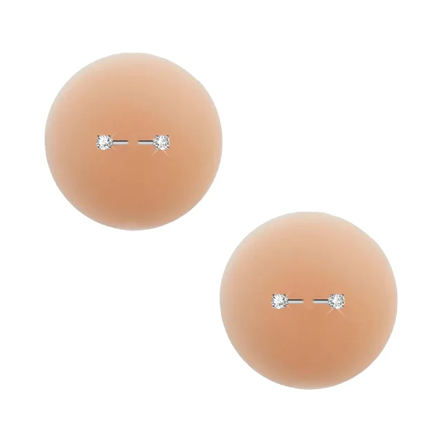 pair of tan round silicone nipple covers with crystal-tipped barbell details