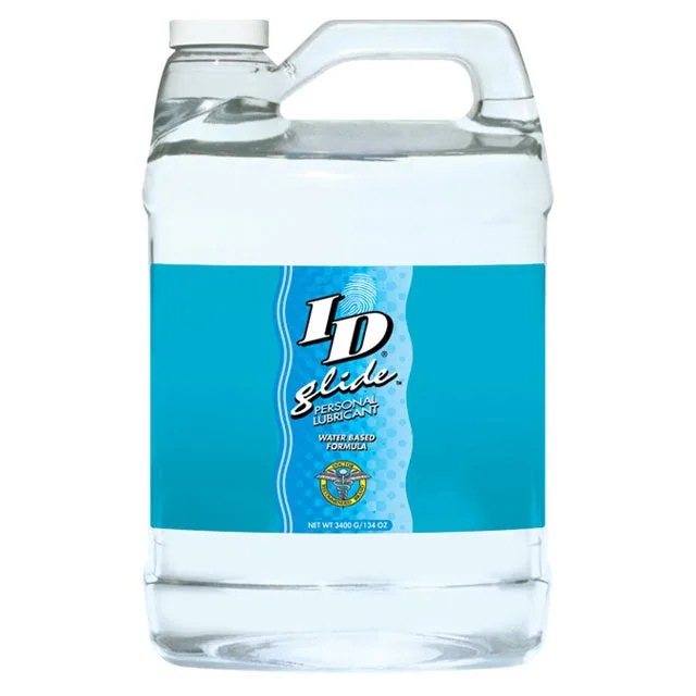 ID Glide 128-ounce clear lubricant gallon jug with turquoise label