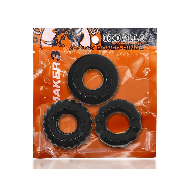 OxBalls Bonemaker Black three-ring kit with smooth ribbed and treaded profiles