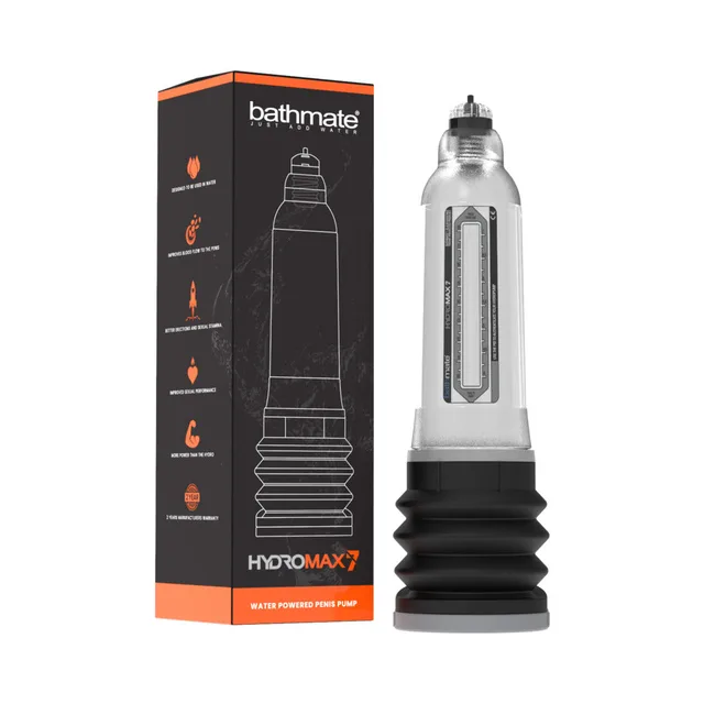 Bathmate Hydromax7 Clear penis pump transparent cylinder and black bellows beside orange-and-black retail box