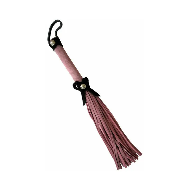 pink mini flogger with black bows, matching studs and hanging loop