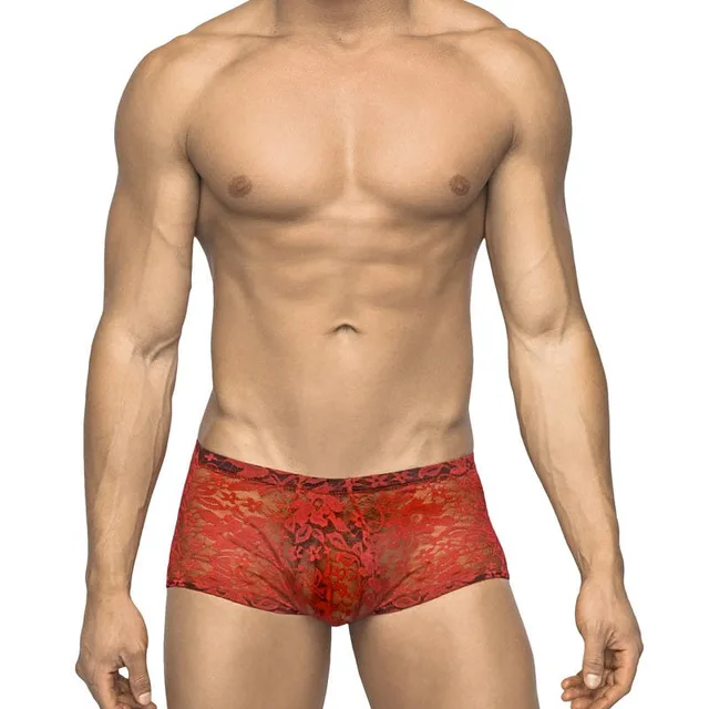 Male Power Red Stretch-Lace Mini Shorts worn by model
