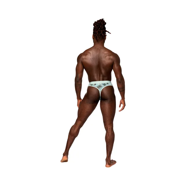 Rear view of teal flamingo thong with narrow back