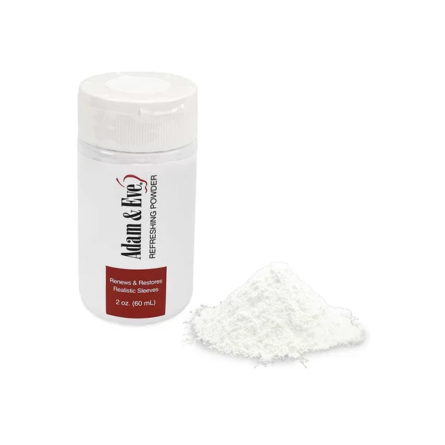 Adam & Eve 2 oz Renewing Powder bottle beside a pile of white powder