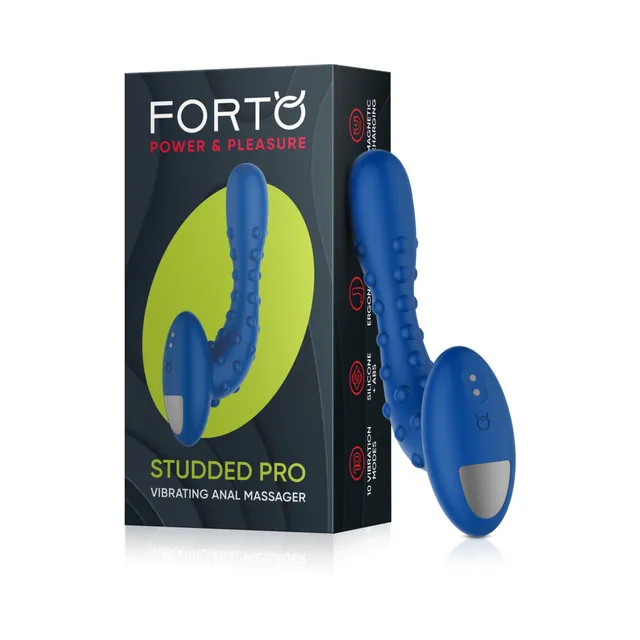 Forto Studded Pro blue massager beside retail box