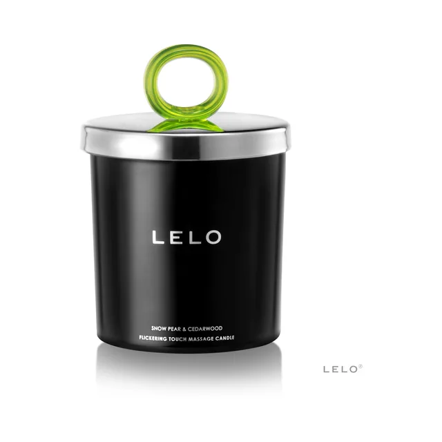 Black LELO Snow Pear and Cedarwood candle jar with green ring handle
