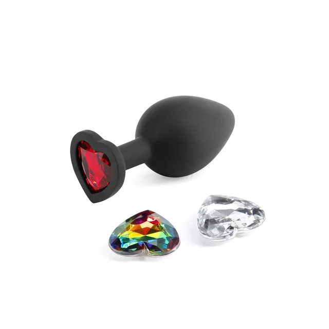 Black medium plug with red heart base and three gems