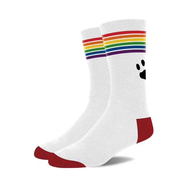 pair of white Prowler Pride socks with rainbow cuffs, red toes and black paw logo