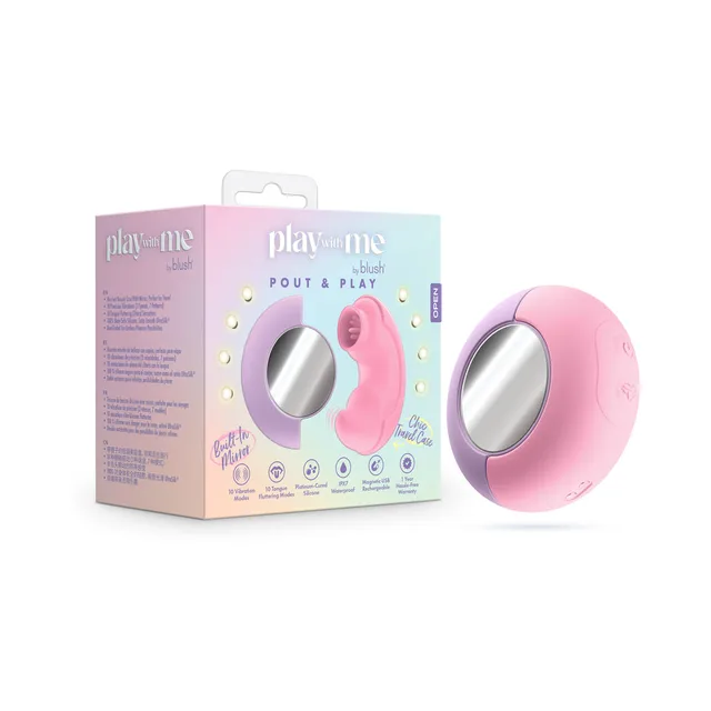 Light-pink Play With Me Pout & Play oval toy beside matching retail box