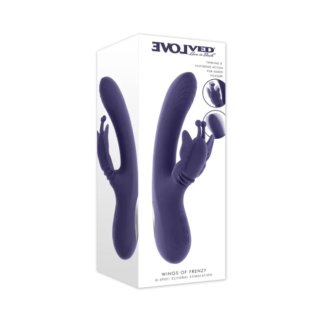 Evolved Wings of Frenzy purple butterfly dual stimulator displayed in its white retail box
