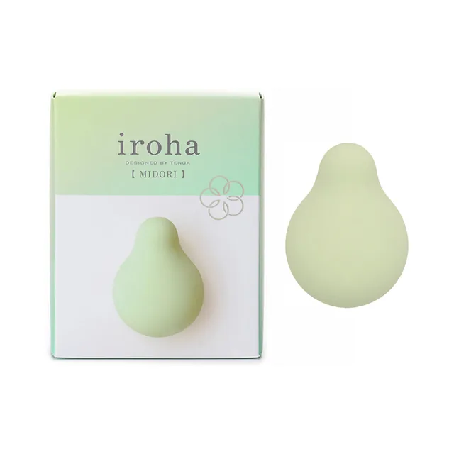 light green TENGA iroha MIDORI rounded vibrator beside matching box