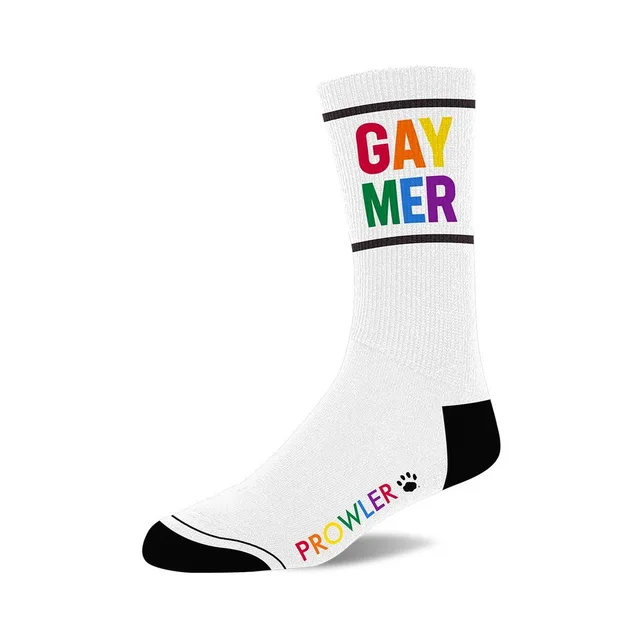 Single white Prowler Gaymer sock with rainbow foot logo