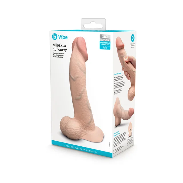 Cream 10-inch Slipskin Curvy dildo beside retail box