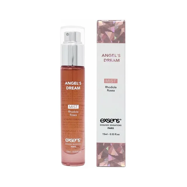 clear Exsens Angels Dream pump mist bottle beside pale patterned carton