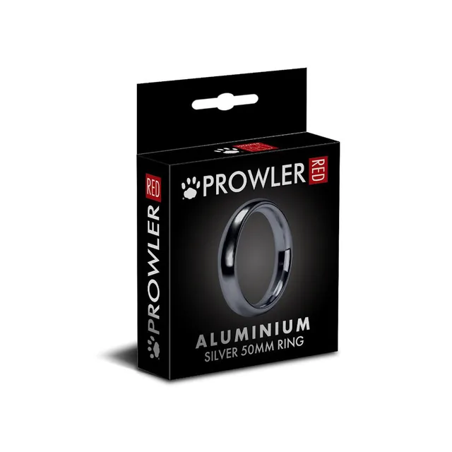 Prowler RED silver 50 mm aluminum cock ring angled black carton with silver ring visible through front window