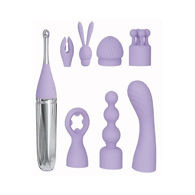 Adam & Eve Sweet Dreams purple massager kit full set of eight purple shapes and silver-tone base