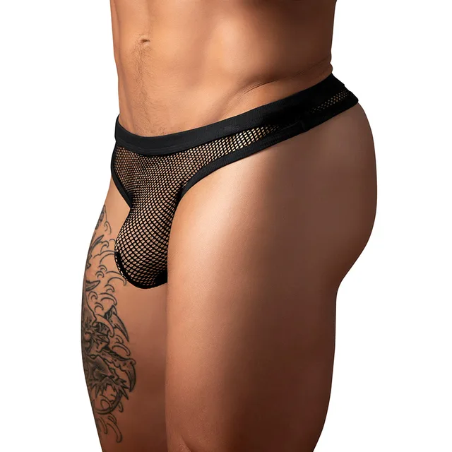Front view of Black Male Power Fishnet Bong Thong in L/XL