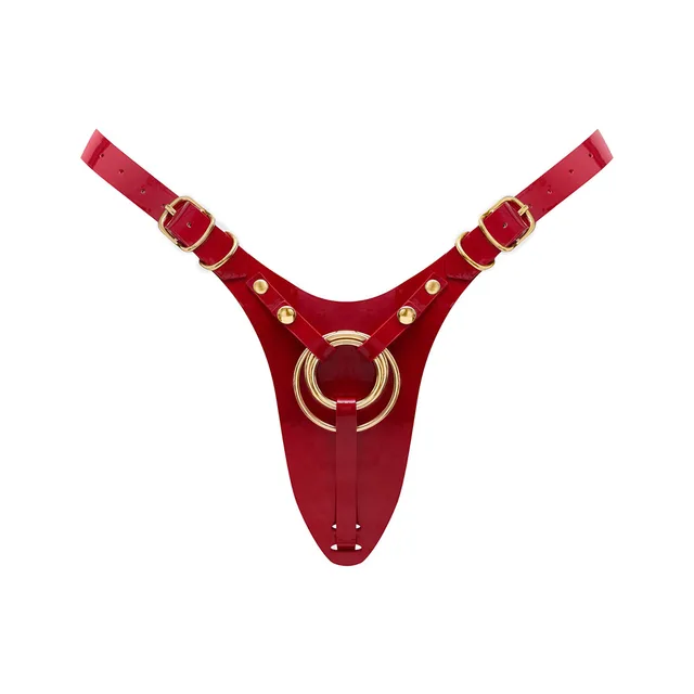 Glossy red Strap-On-Me harness with gold-tone rings and buckles