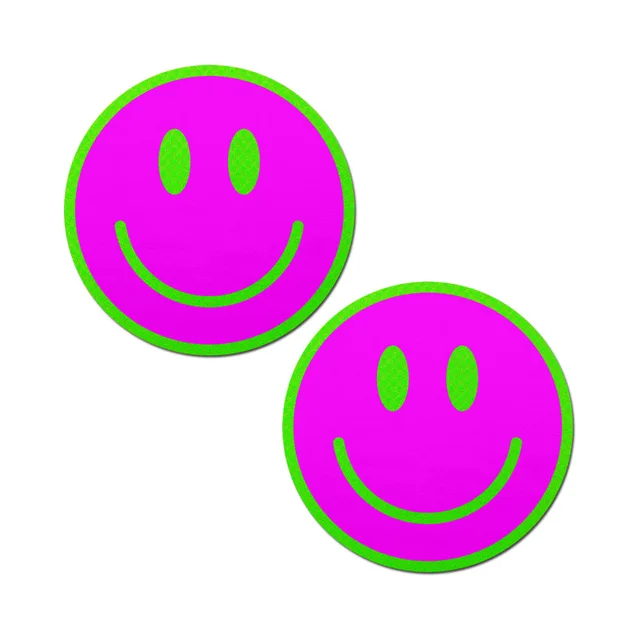 Pastease neon green and pink smiley face breast pasties matching round pair with hot pink centers and green smile designs