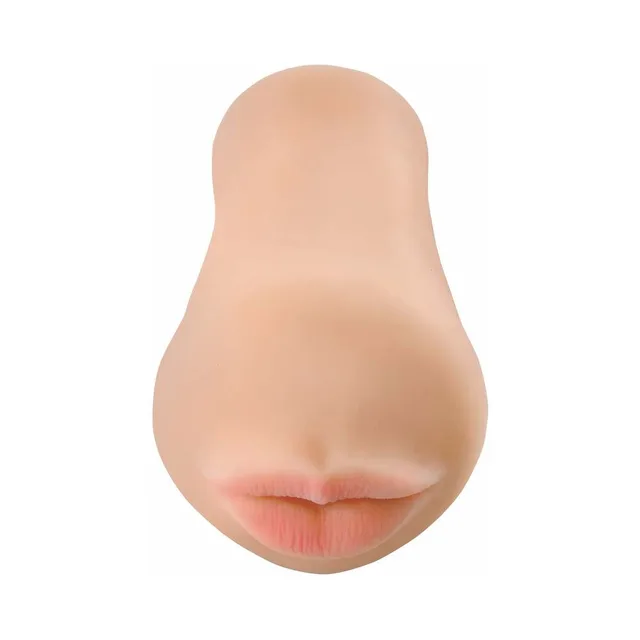 PDX Deep Throat beige oral mega stroker front upright view with molded nose and pink mouth opening