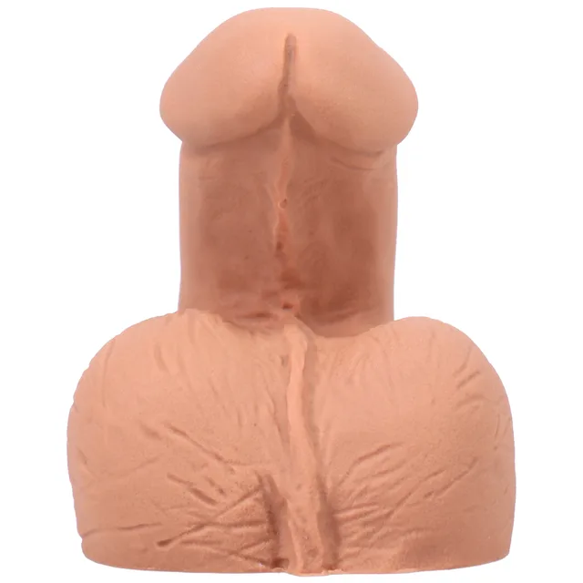 Front view of tan On the Go packer and detailed testicle base